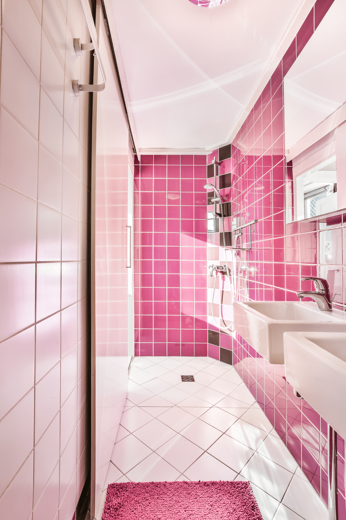 A picture of a white bathtub in a pink bathroom.