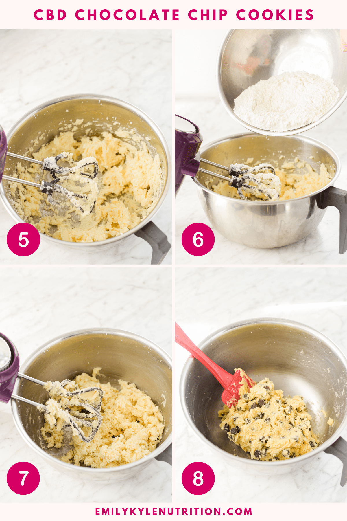 A four step image collage showing the first four steps to making CBD chocolate chip cookies.