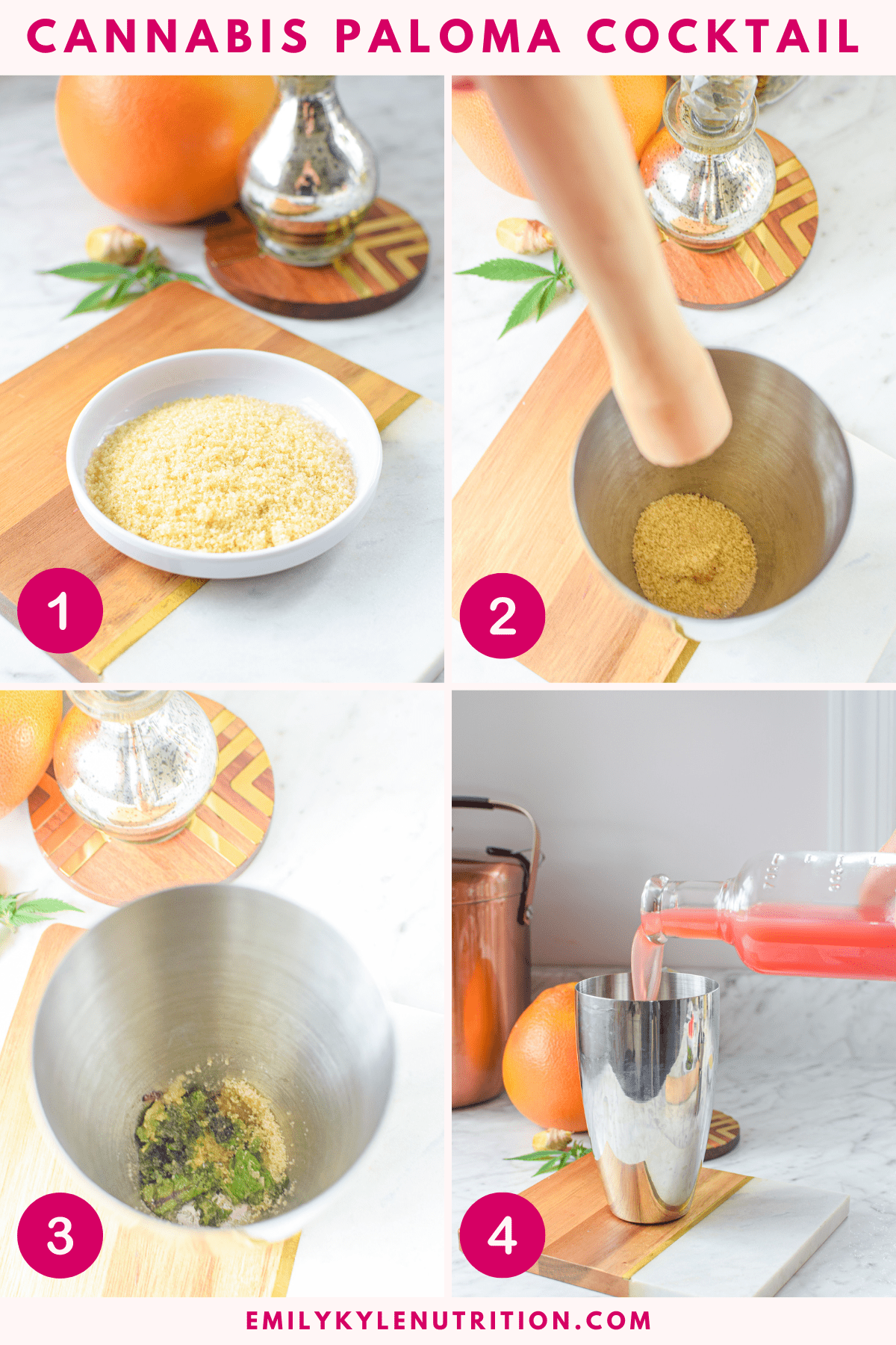 A four step image collage showing how to make a cannabis Paloma cocktail.