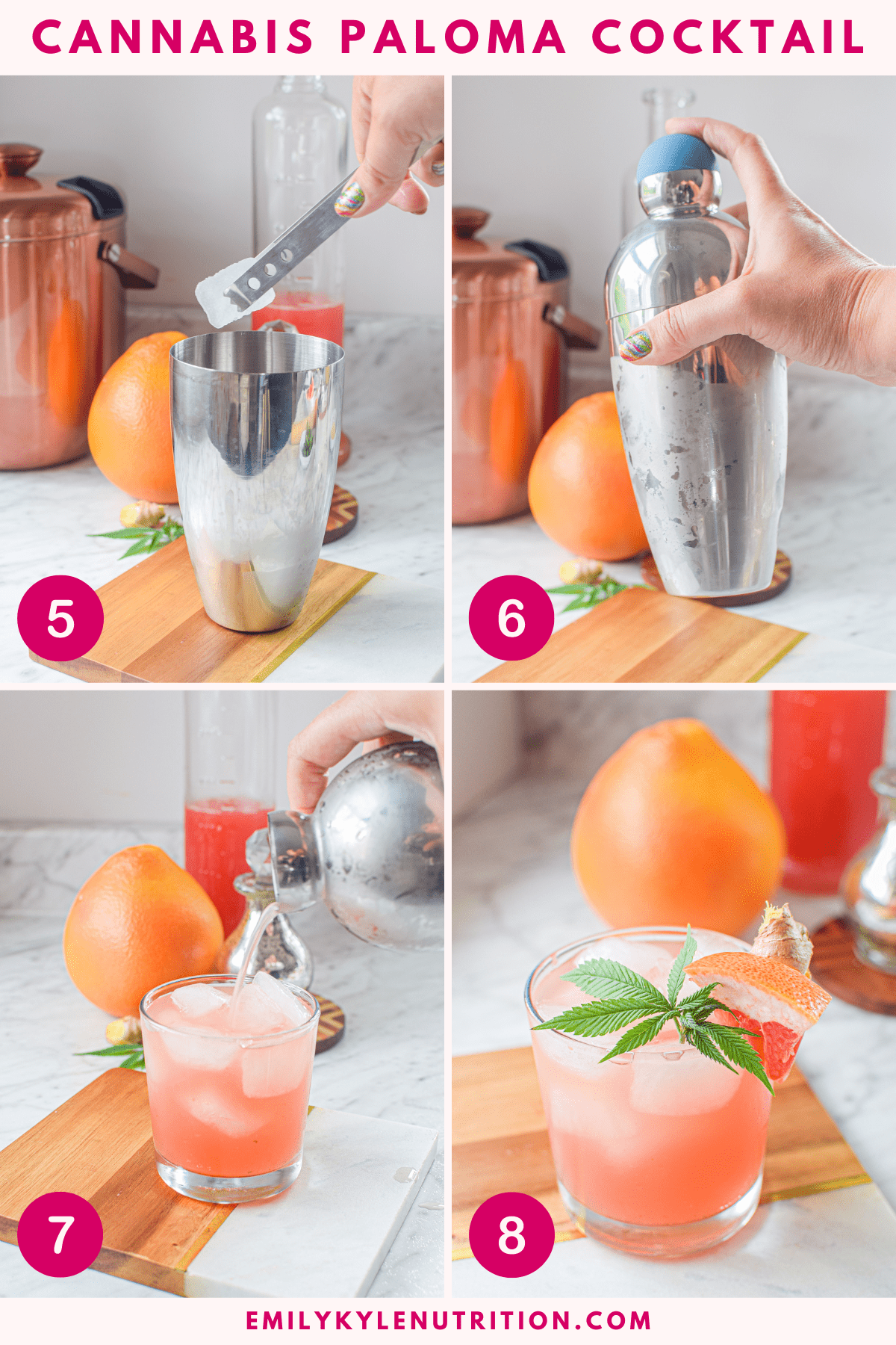A four step image collage showing how to make a cannabis Paloma cocktail.