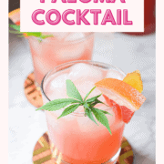A picture of a glass of the prepared cannabis Paloma cocktail garnished with a cannabis leaf.