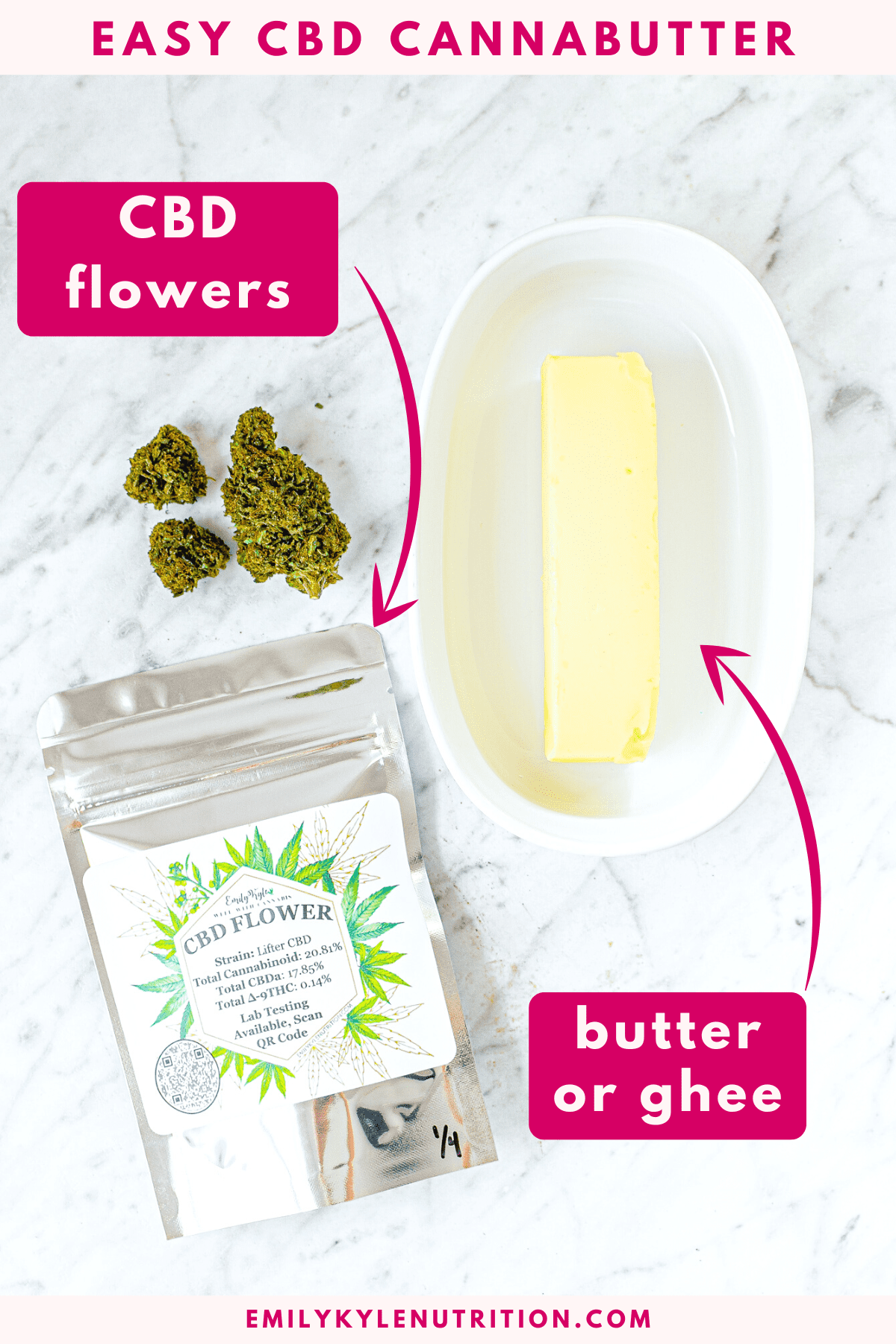 A white countertop with the ingredients needed to make CBD cannabutter including CBD flower and butter. 