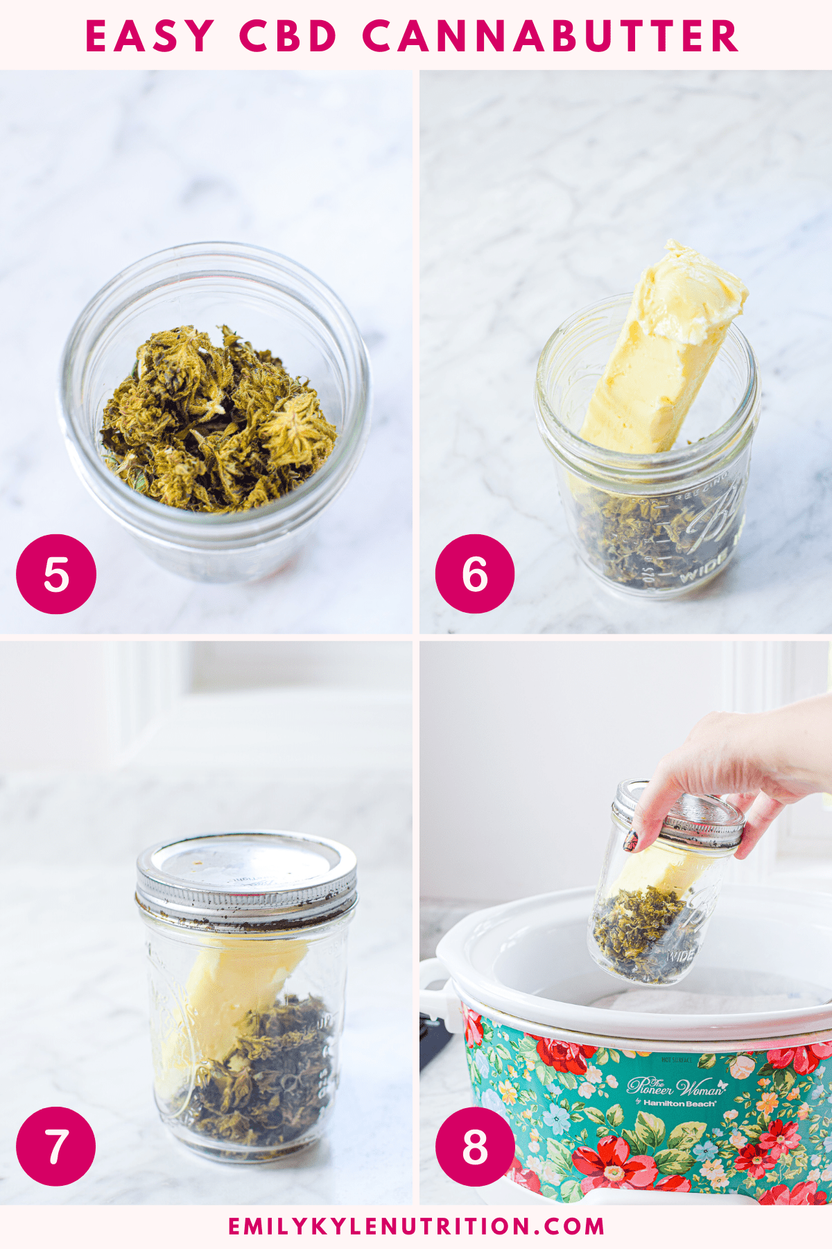 A four step image collage showing the steps needed to make CBD butter.