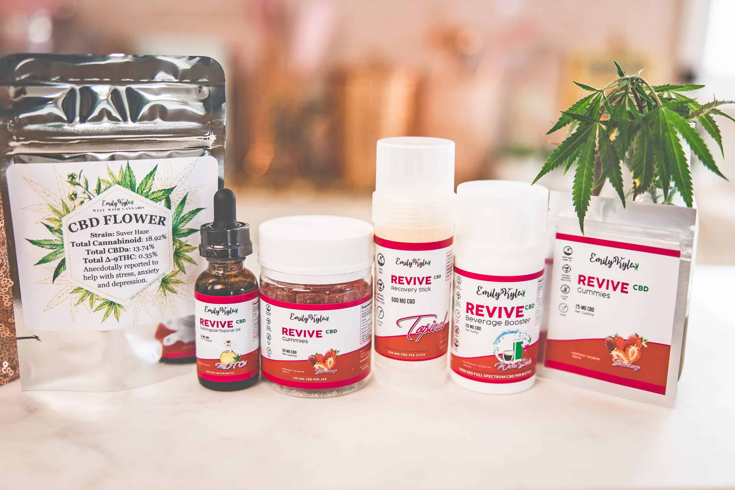 A picture of Emily Kyles CBD product line.
