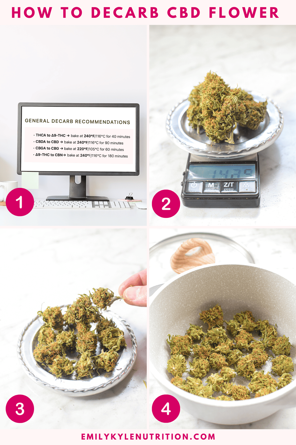 A four step image collage showing how to decarb cbd flower.