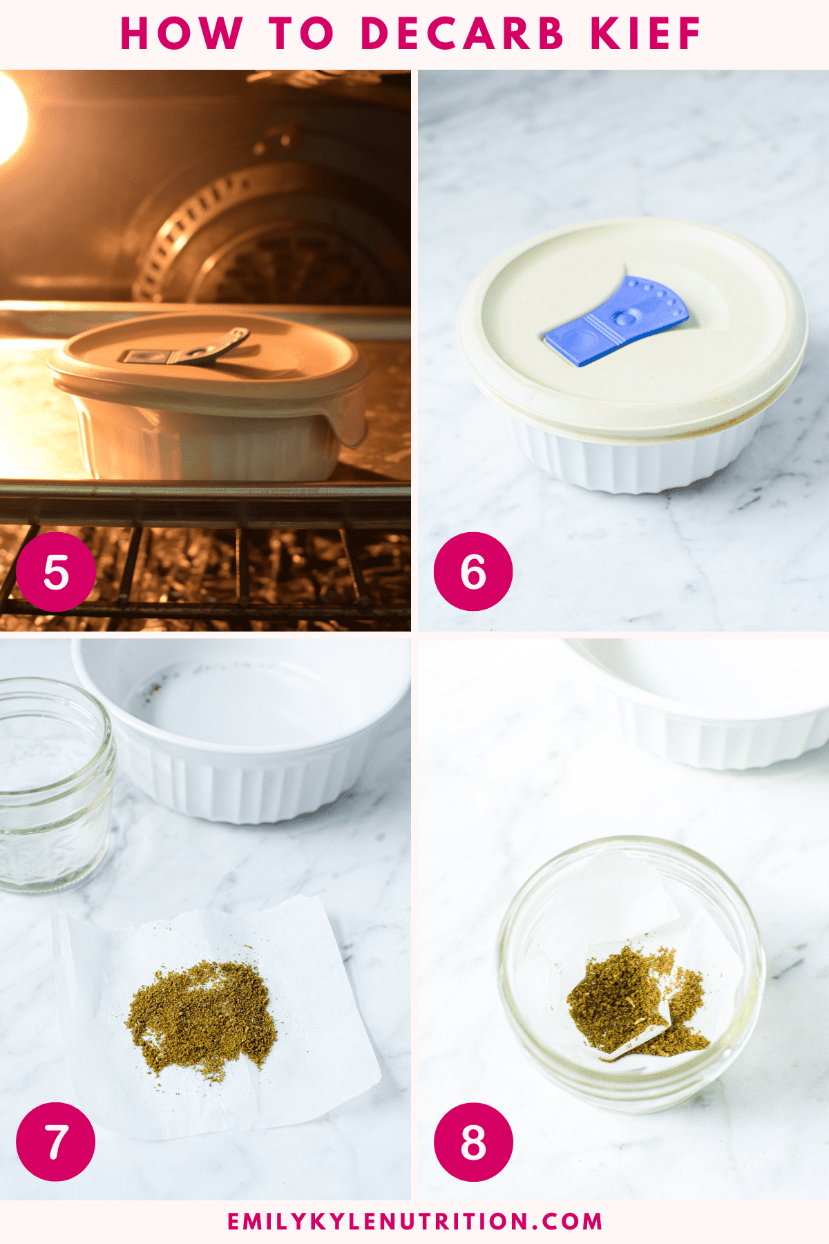 A four step image collage showing the steps needed to decarb kief.