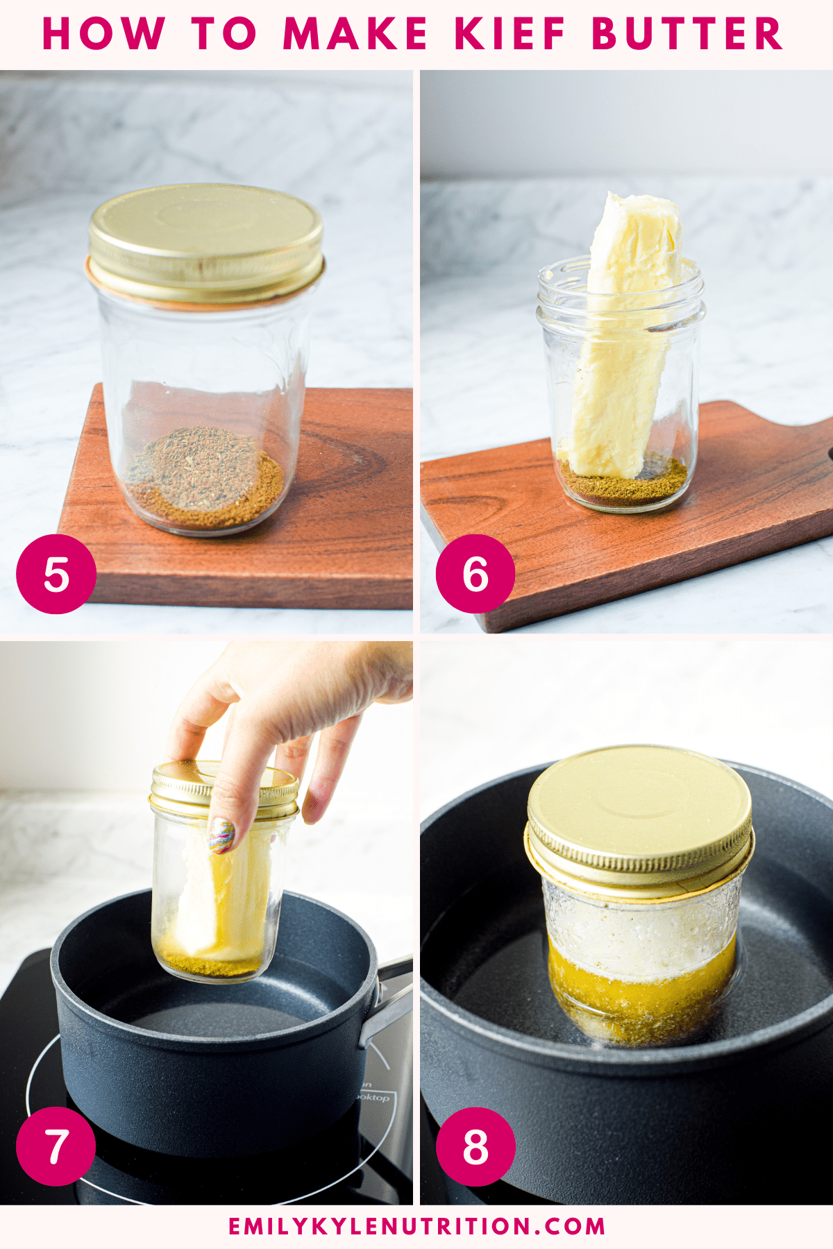 A four step image collage showing how to make kief butter.