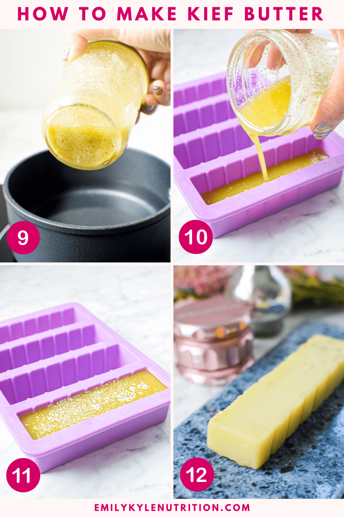 A four step image collage showing how to make kief butter.