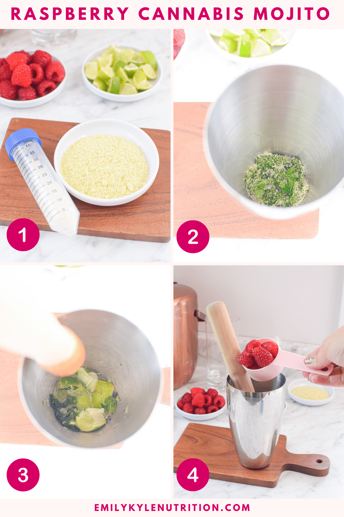 A four step image collage showing how to make a raspberry cannabis mojito.