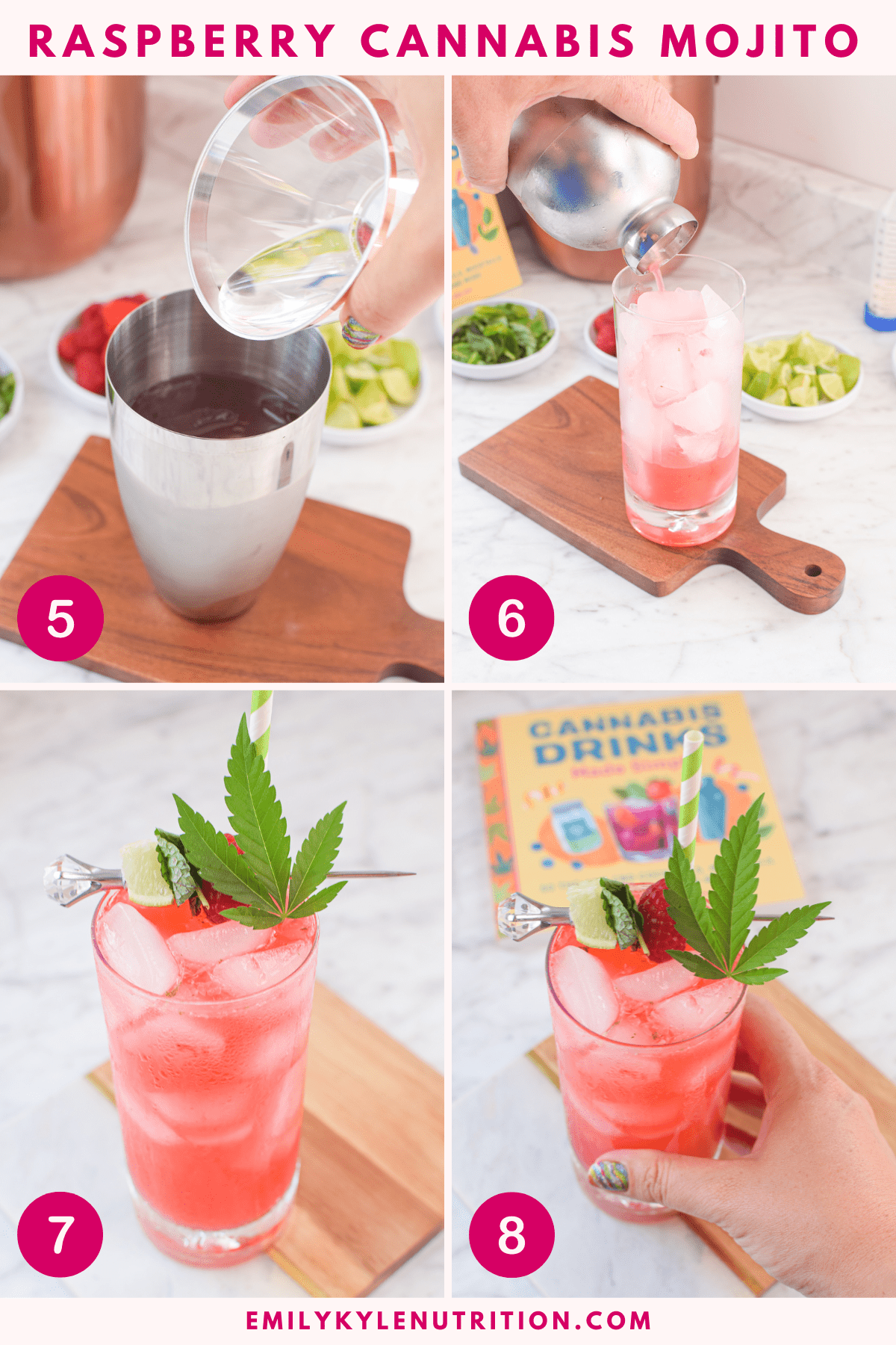 A four step image collage showing how to make a raspberry cannabis mojito.