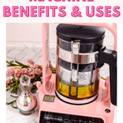 A picture of a pink LEVO machine with text that says LĒVO C Machine Benefits & Uses.