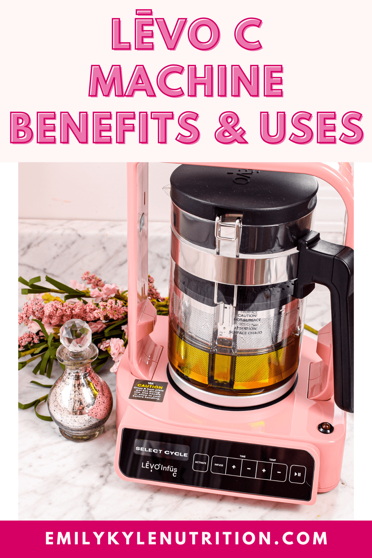 A picture of a pink LEVO machine with text that says LĒVO C Machine Benefits & Uses.