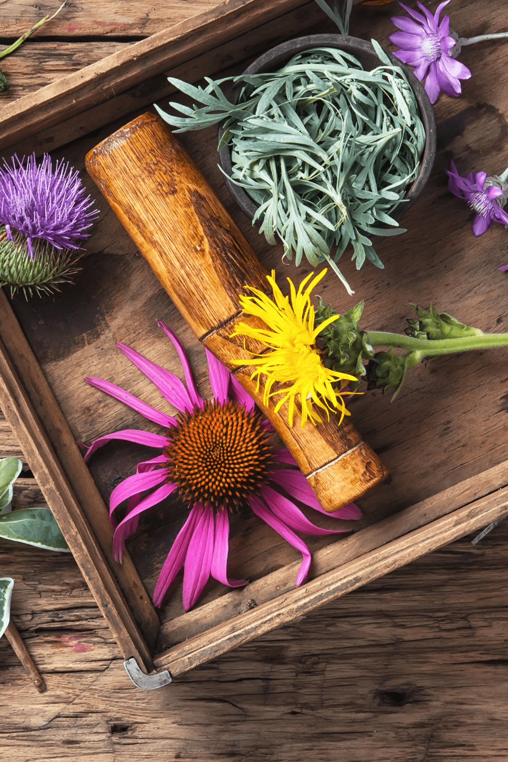 A picture of herbs and a spoon.