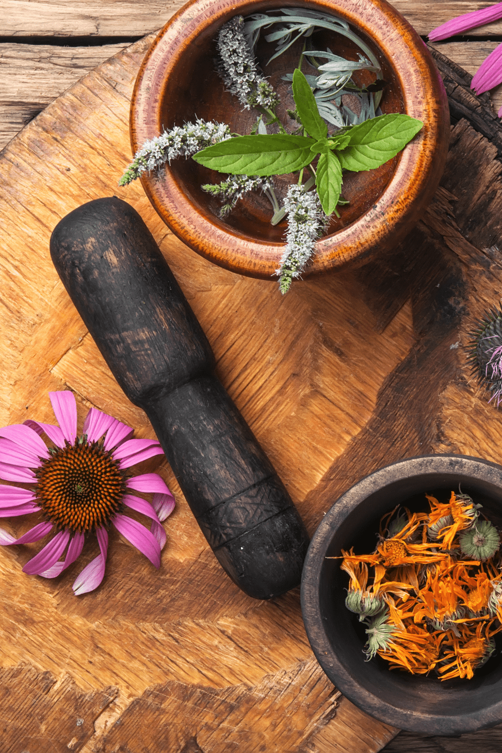 A picture of herbs and a spoon.