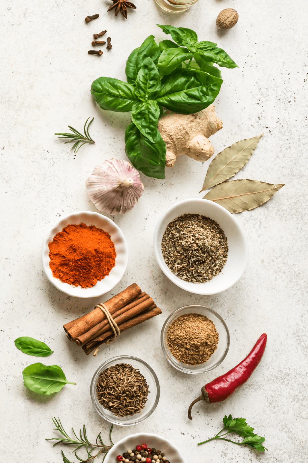A picture of various herbs and spices.