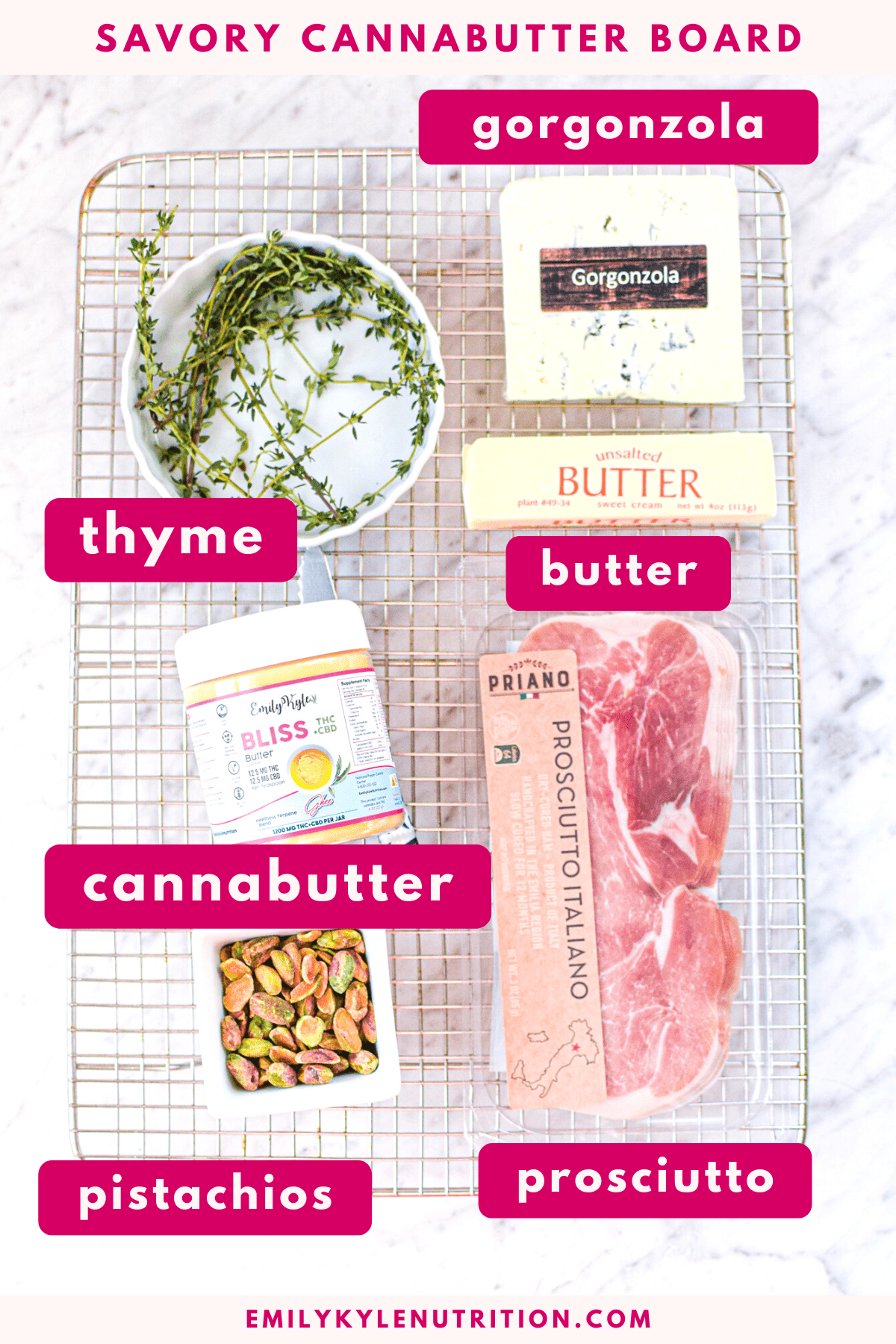 A picture with all of the ingredients needed to make a savory cannabutter board including gorgonzola, thyme, butter, cannabutter, pistachios, and prosciutto.