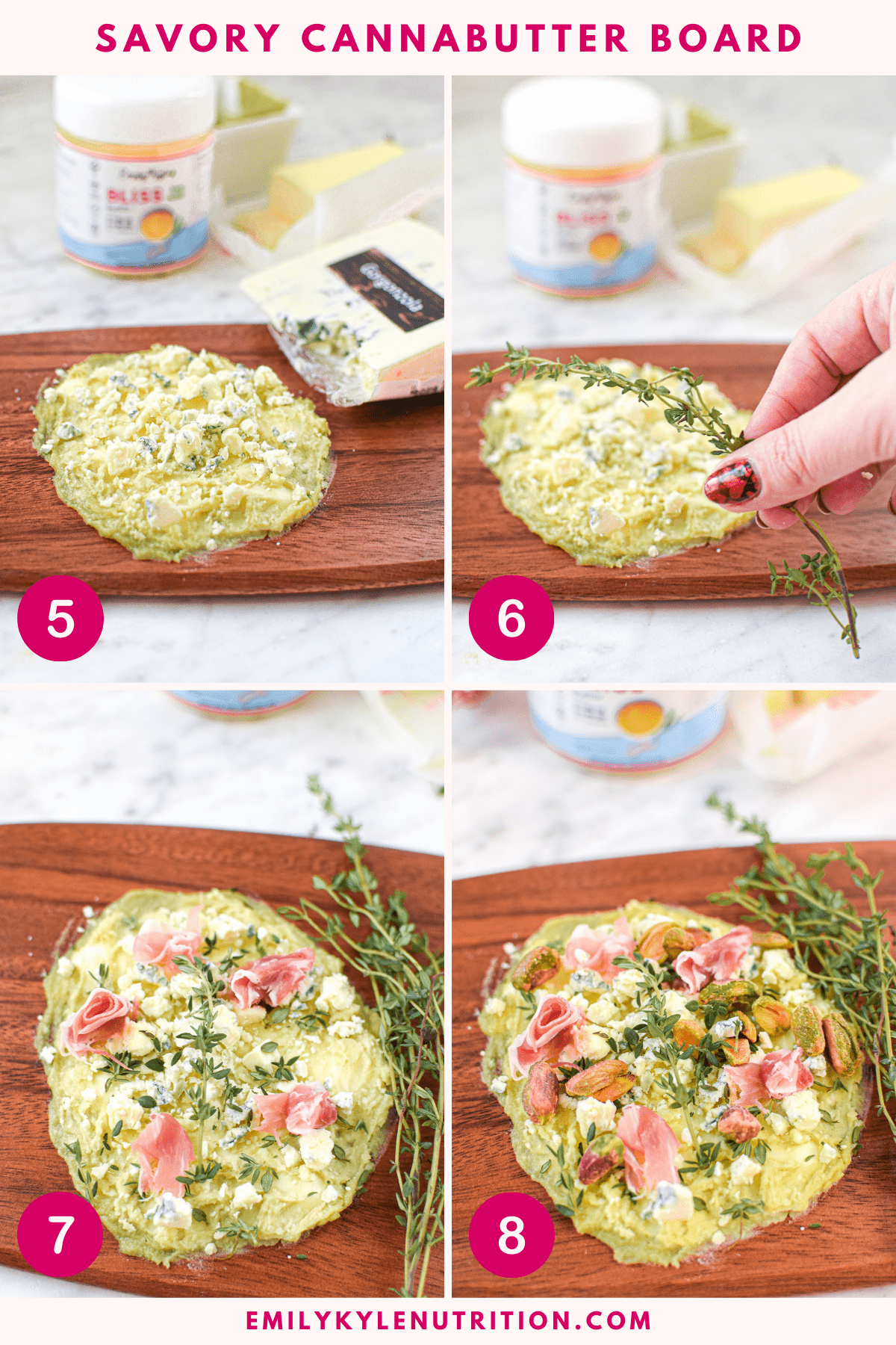 A four step image collage with the next four steps to making a savory cannabutter board.