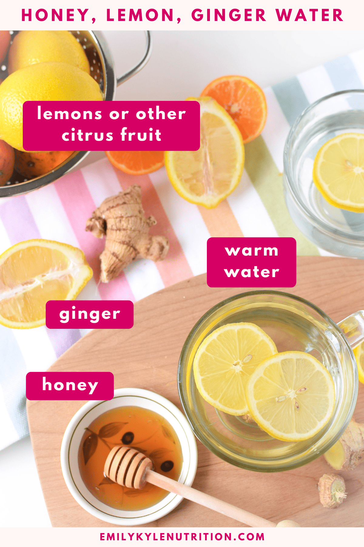 The ingredients needed to make honey, ginger, warm lemon water.