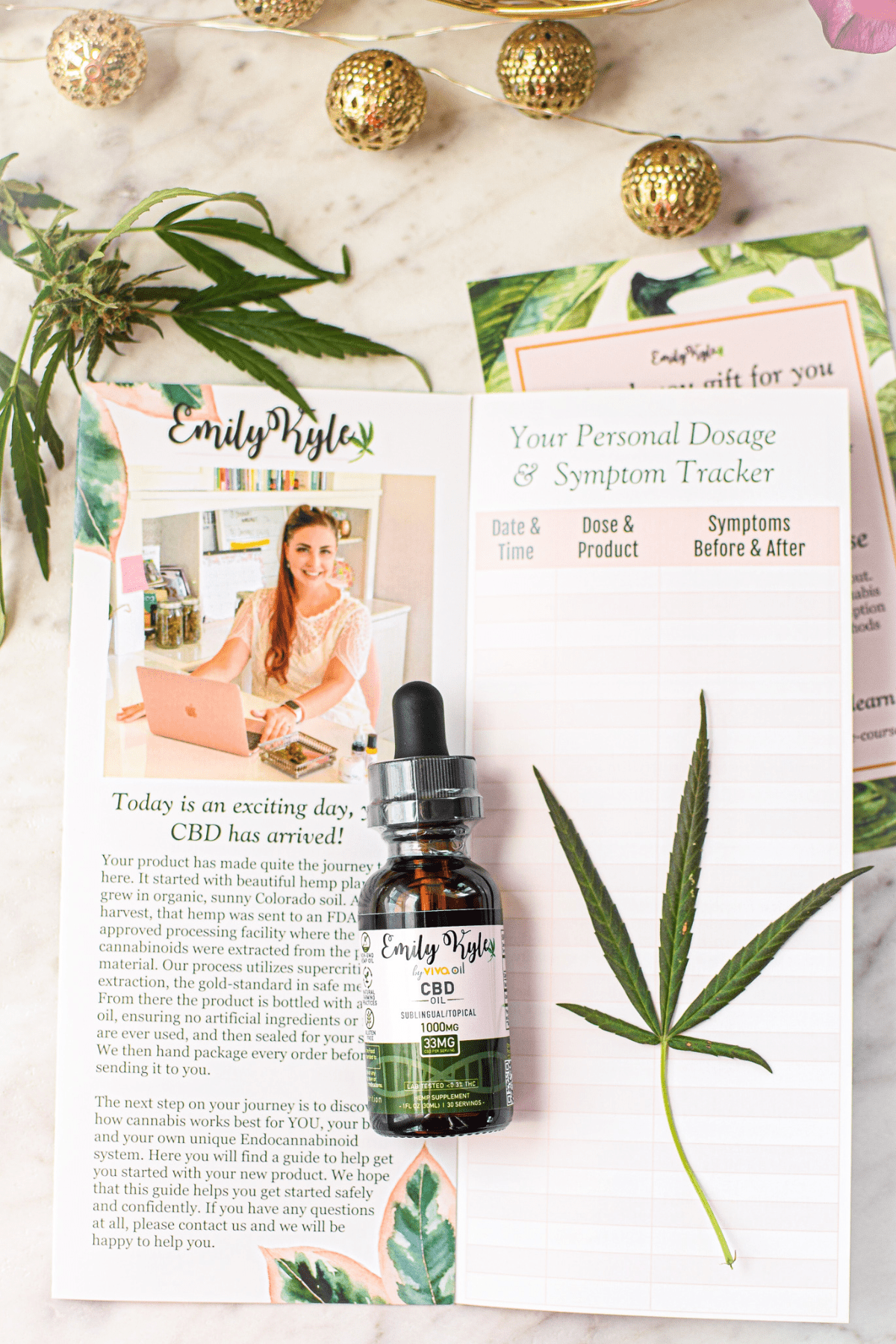 A picture of Emily Kyles CBD oil with a cannabis leaf. 