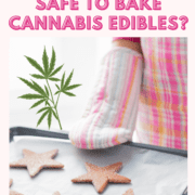 A picture of a oven mitt holding a cookie sheet with star-shaped cannabis cookies.