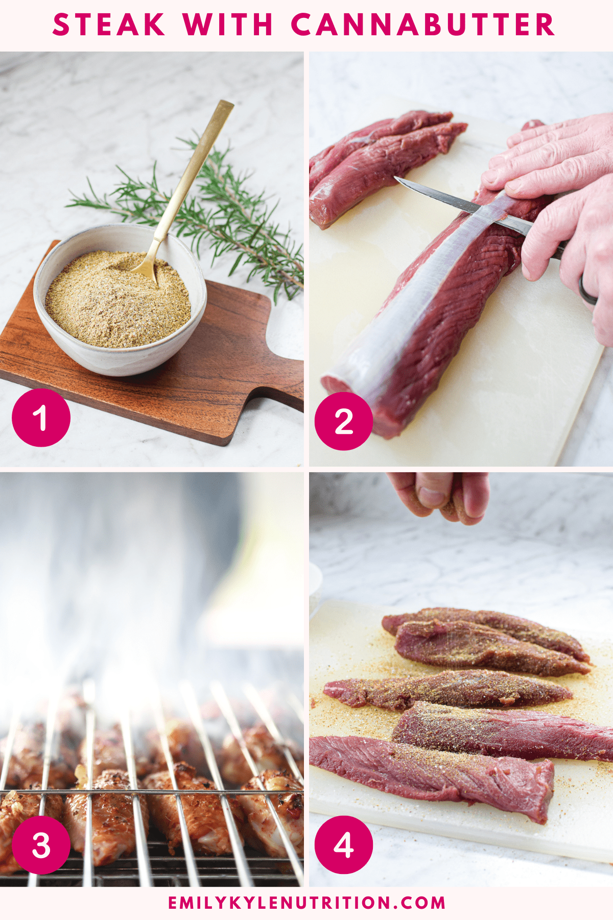 A four step image collage showing the first four seps needed to make steak with cannabutter.