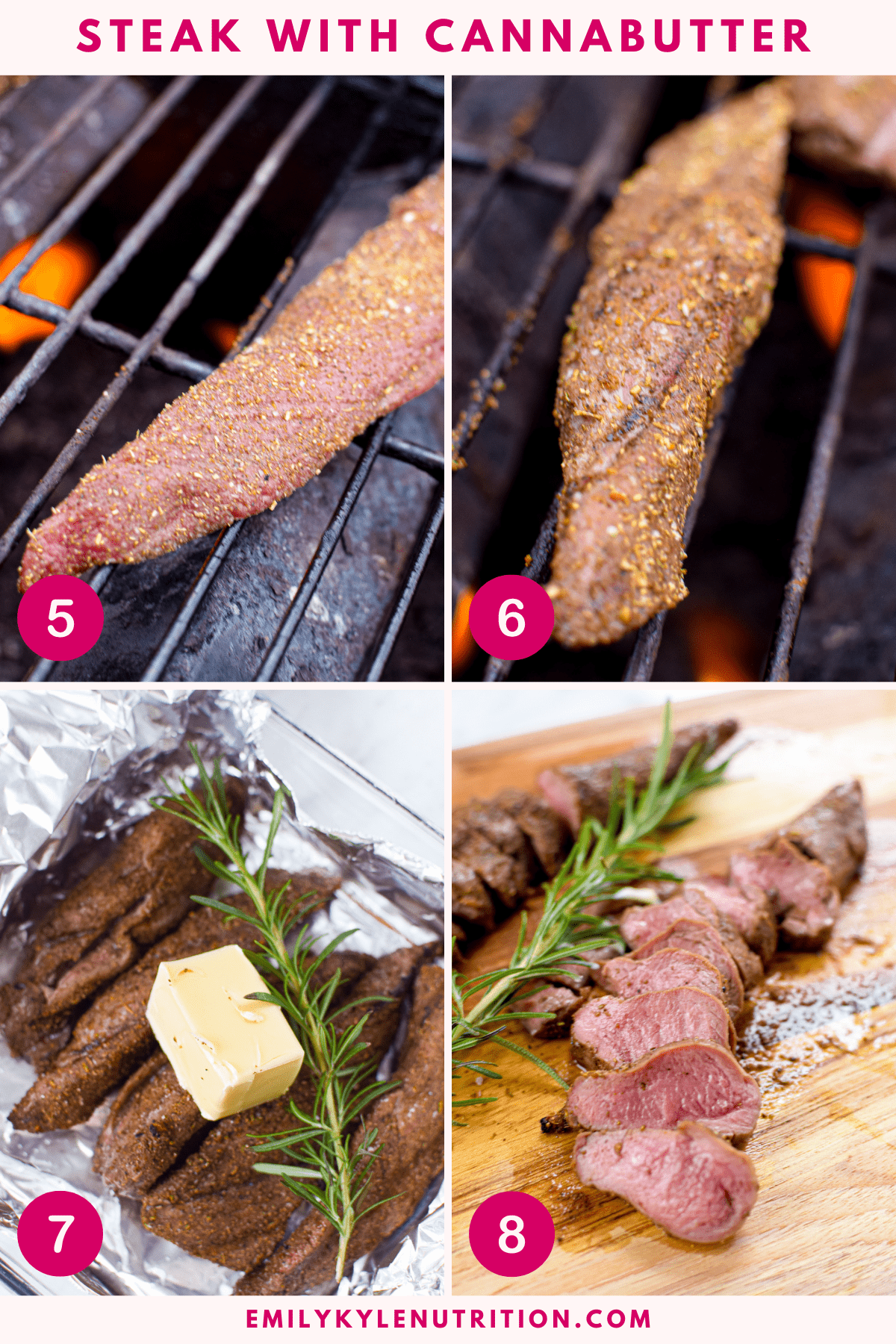 A four step image collage showing the last four seps needed to make steak with cannabutter.