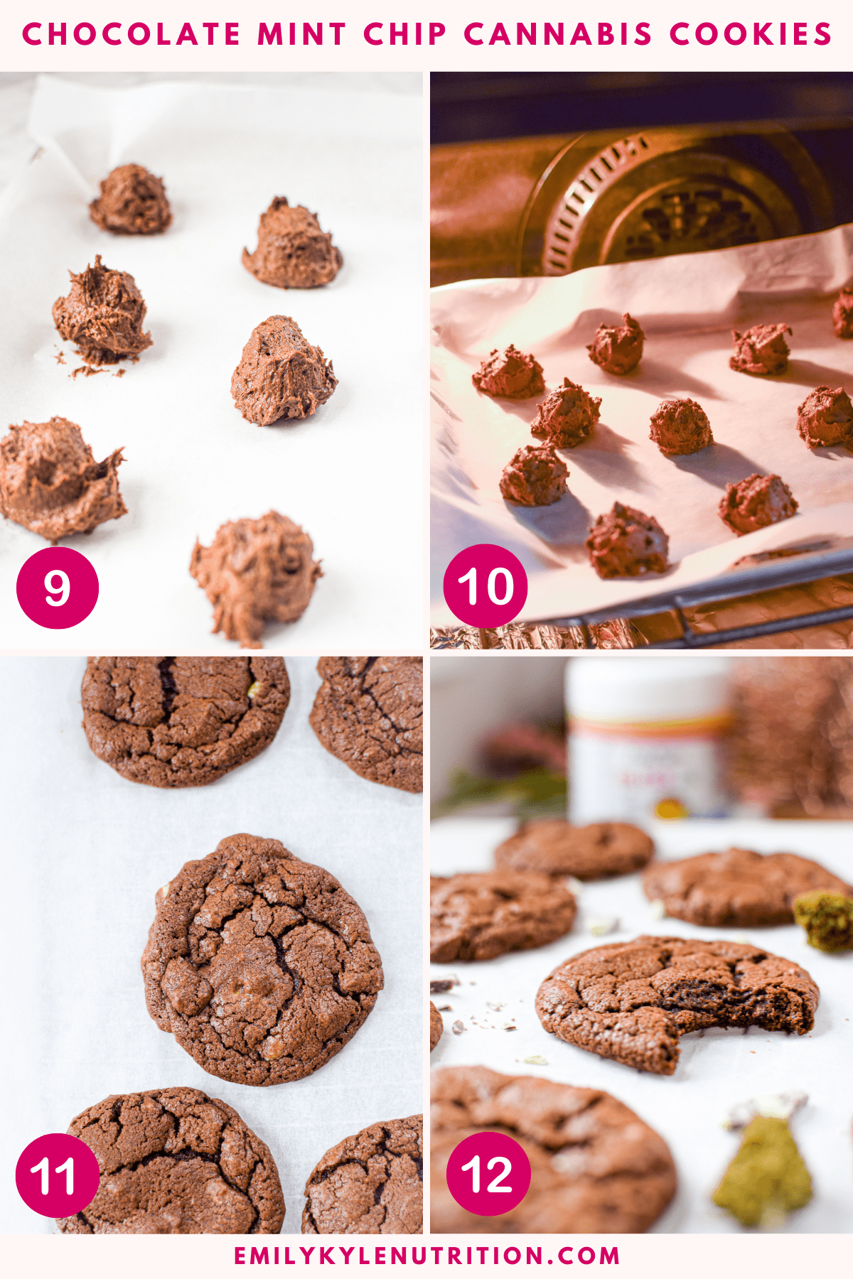 A four step image collage showing how to make chocolate mint chip cannabis cookies.