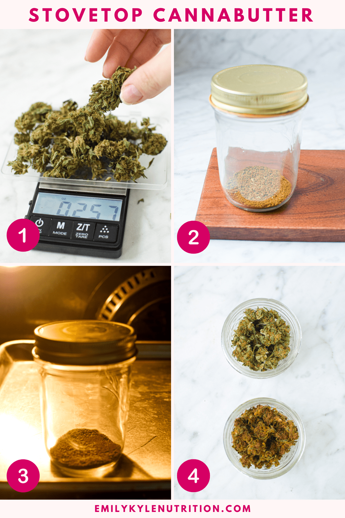 A four step image collage showing the steps needed to make stovetop cannabutter.