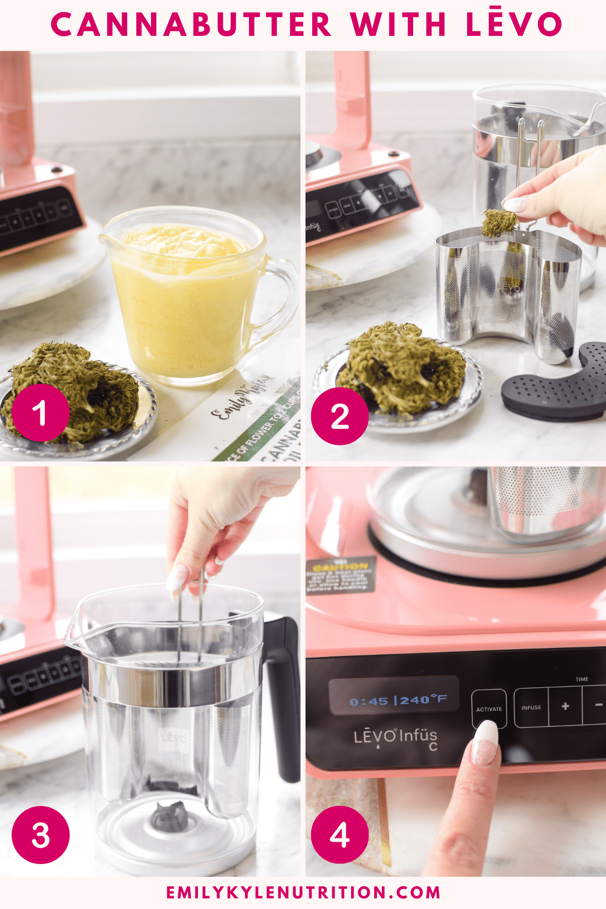 The first four images in a collage showing how to use the Levo machine to make cannabutter.