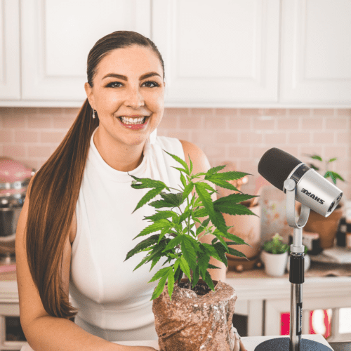 A picture of Emily Kyle with a cannabis plant and two podcast microphones.