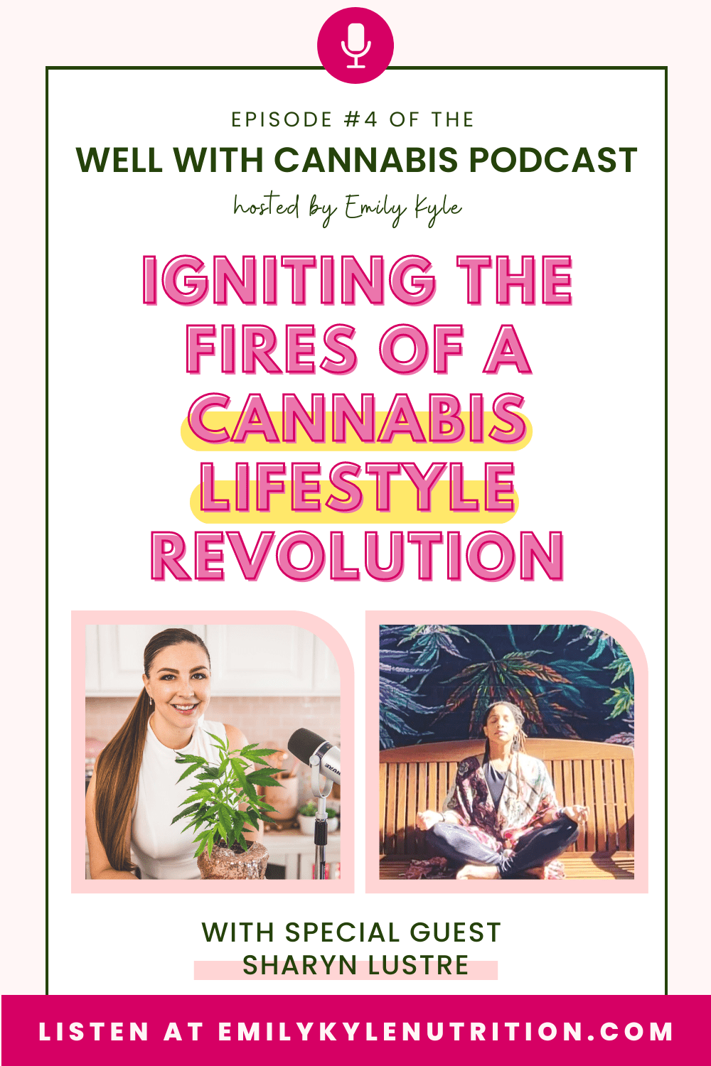 A picture of Sharyn Lustre sitting on a wooden bench in front of a cannabis mural with text that says igniting the fires of a cannabis revolution with Sharyn Lustre.