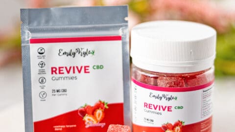 A bottle of Emily Kyles CBD Revive Gummies