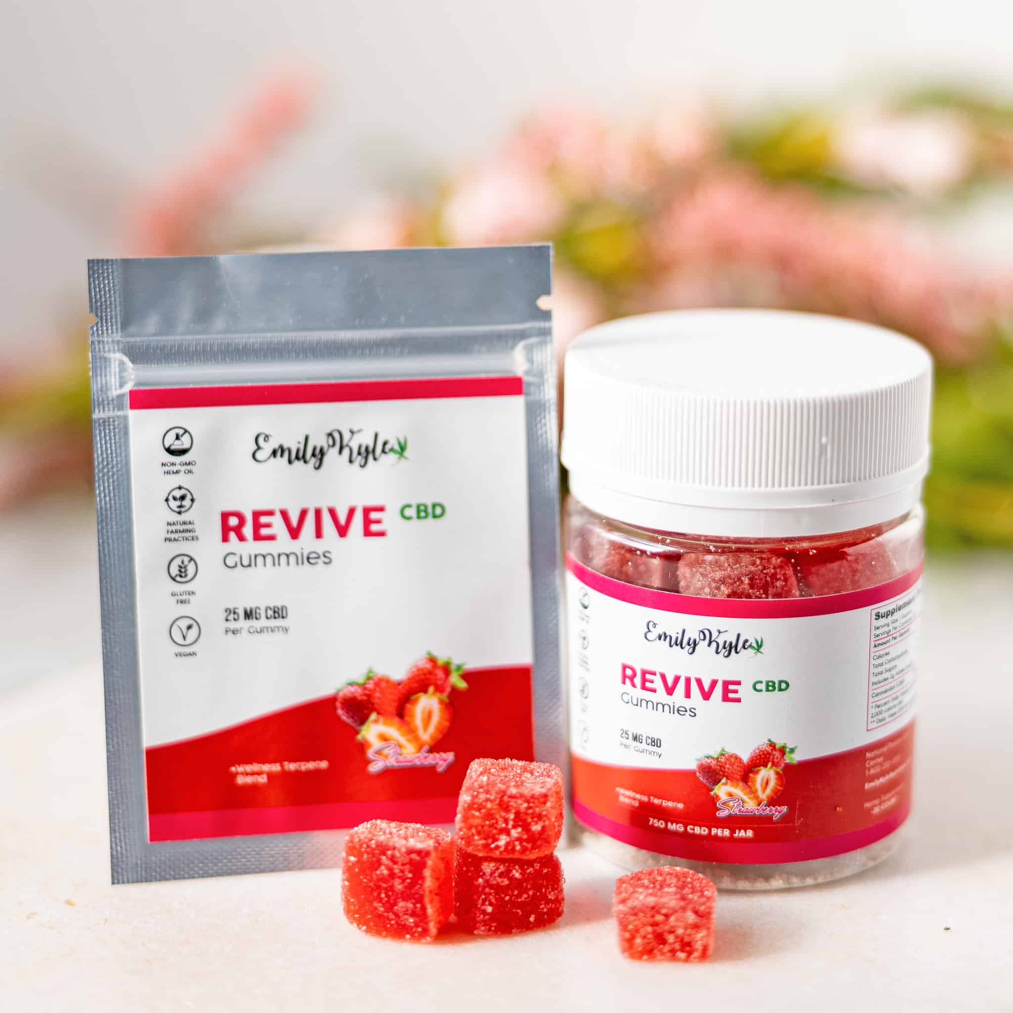 A bottle of Emily Kyles CBD Revive Gummies