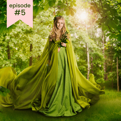 A picture of a woman in a green dress, a green fairy from New Zealand.