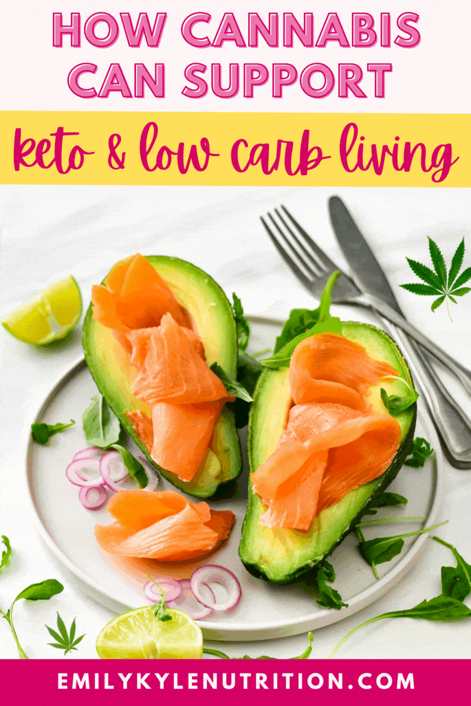 A picture of avocado with salmon and a cannabis leaf.