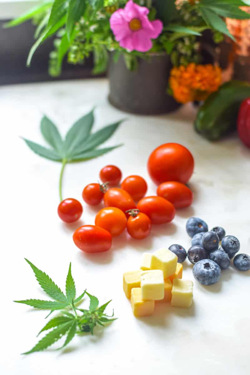 A picture of cannabis leaves, cheese, blueberries and tomatoes.