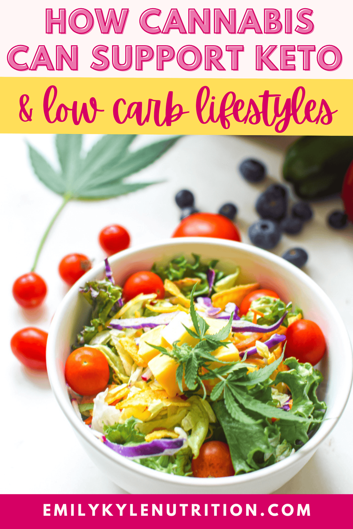 A picture of a salad with a cannabis leaf in the background with text that says cannabis to support a keto and low carb lifestyle.