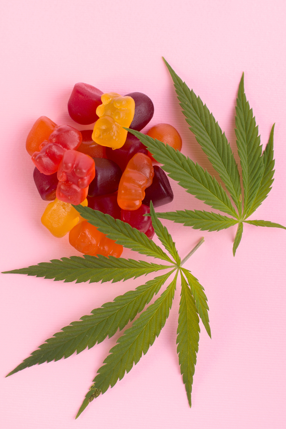 A picture of a cannabis leaf and gummy bears.