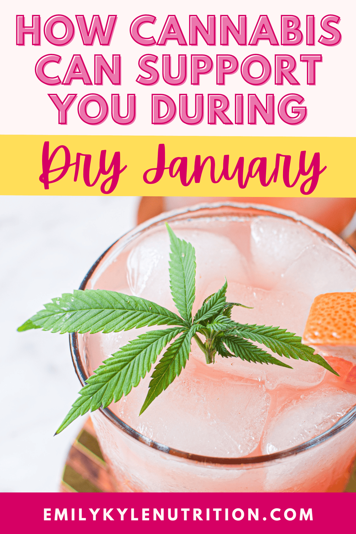 A picture of a cannabis cocktail that says "How Cannabis Can Support You During Dry January"