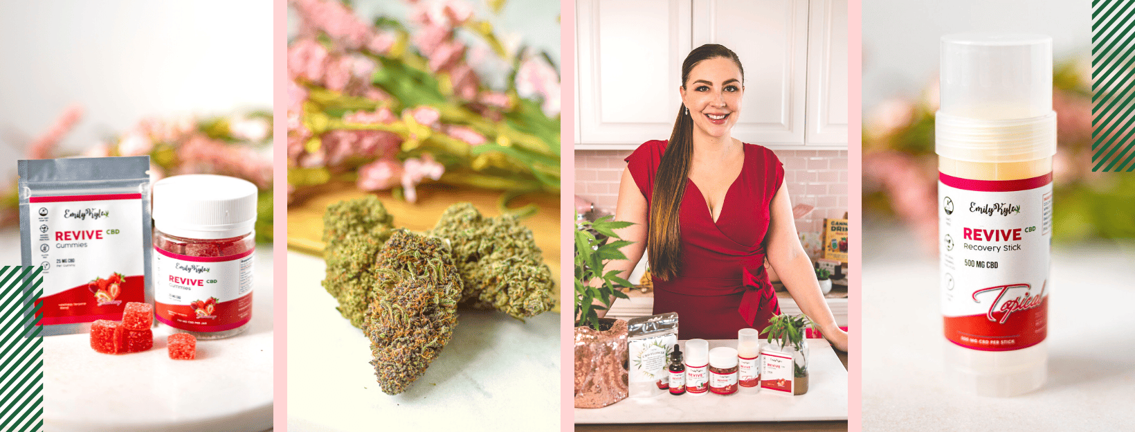 A collage of four images all with CBD products. 