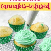 A white countertop with a bowl of green cannabis buttercream frosting.