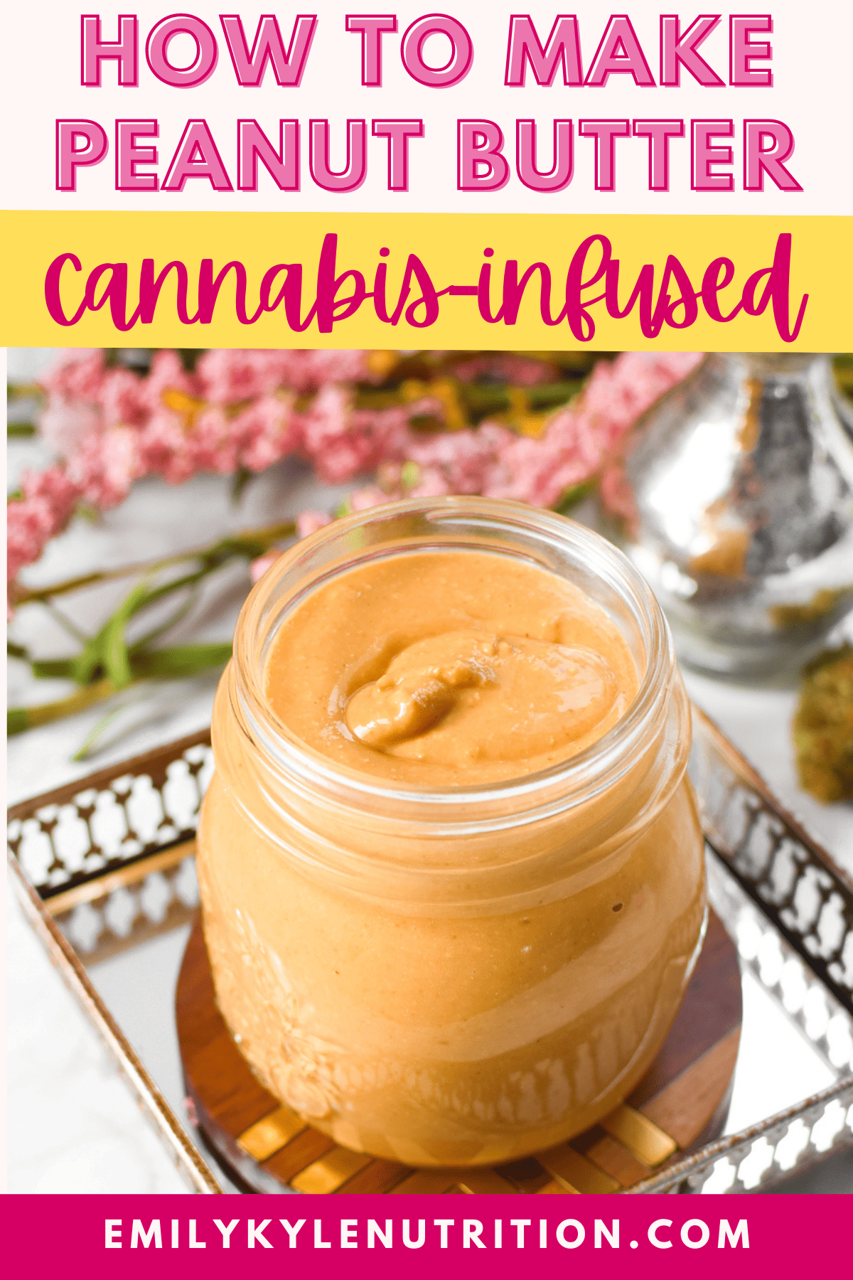 A white countertop with a jar of cannabis peanut butter