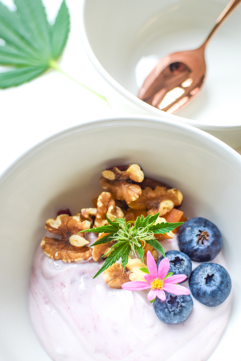 A picture of a bowl of yogurt with a cannabis leaf.