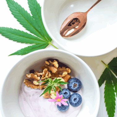 A picture of a bowl of yogurt with a cannabis leaf.