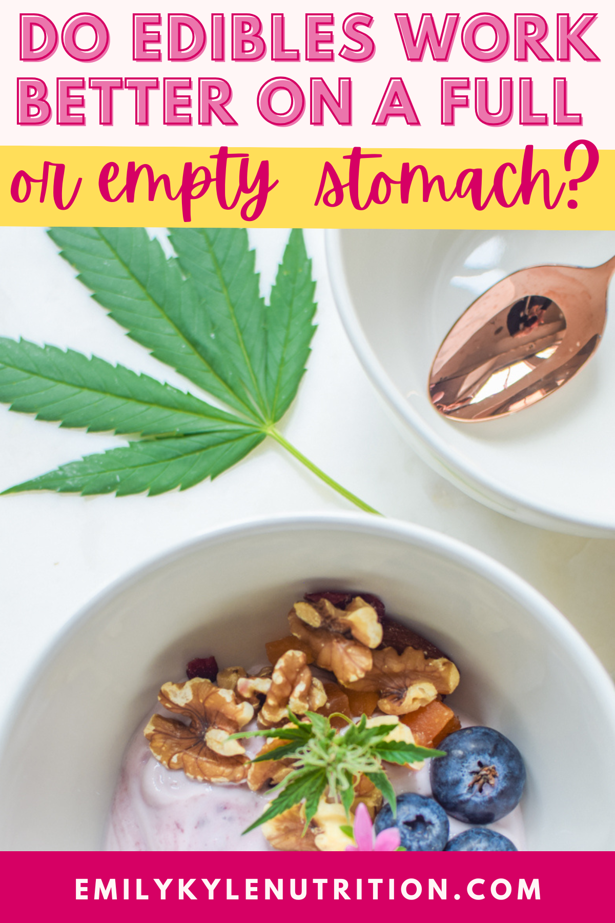 A picture of a bowl of yogurt with a cannabis leaf with text that says: 'Do Edibles Work Better on a Full or Empty Stomach?"