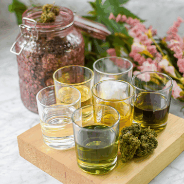 A picture of several different types o cannabis oil.