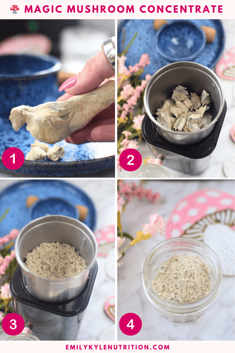 A step-by-step image collage for how to make a mushroom concentrate.
