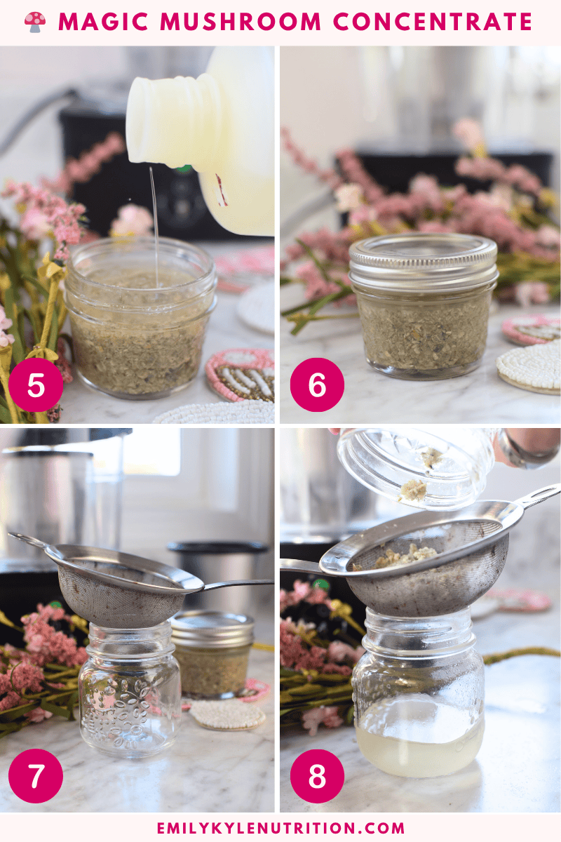 A step-by-step image collage for how to make a mushroom concentrate.