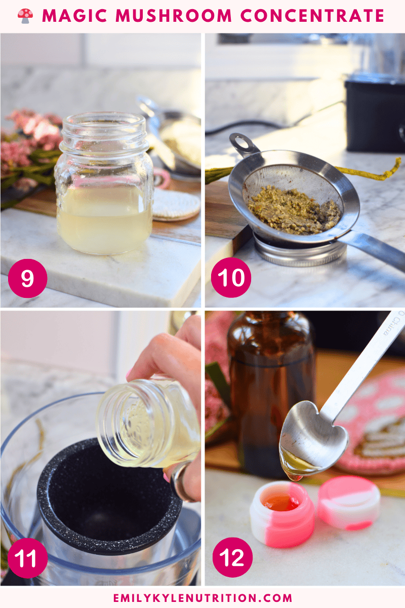 A step-by-step image collage for how to make a mushroom concentrate.