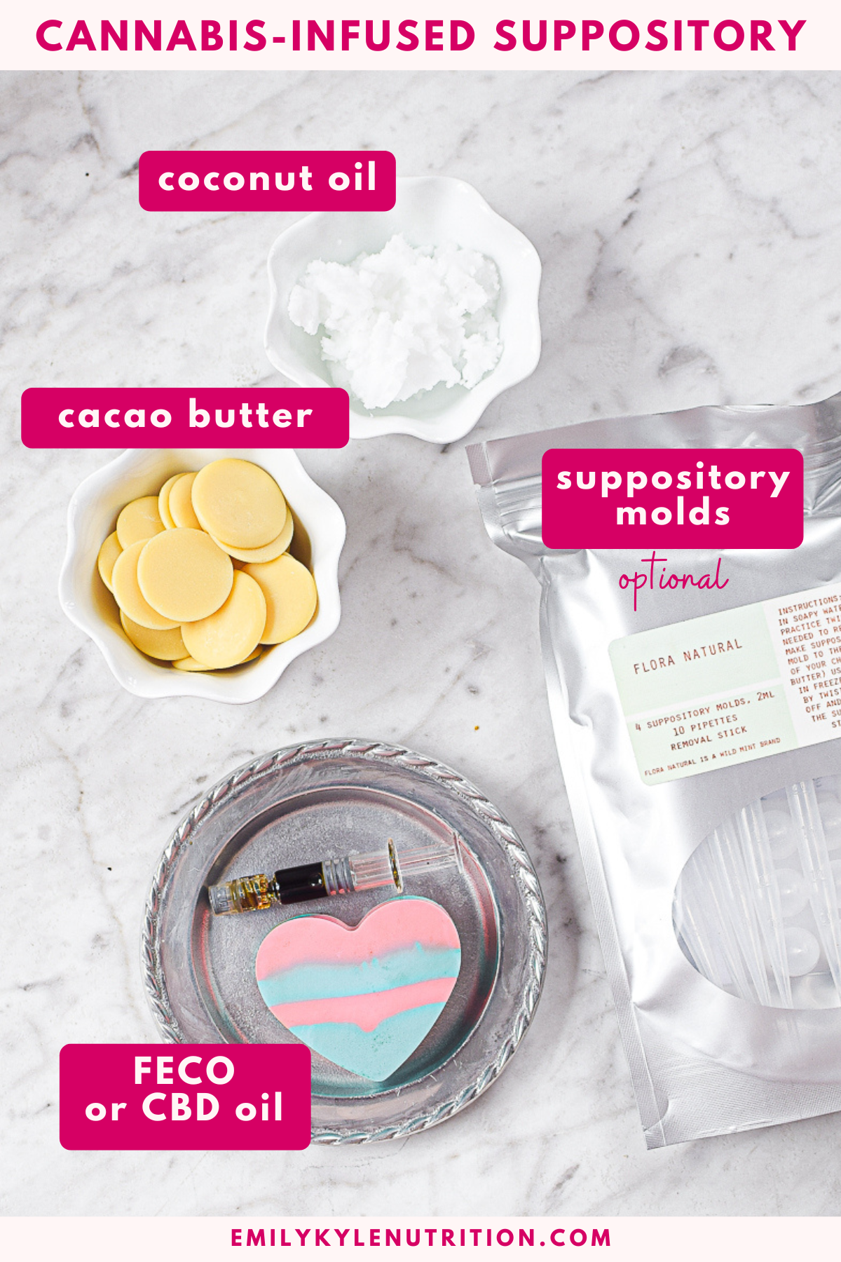 Cannabis suppository ingredients with coconut oil, cacao butter, and molds.